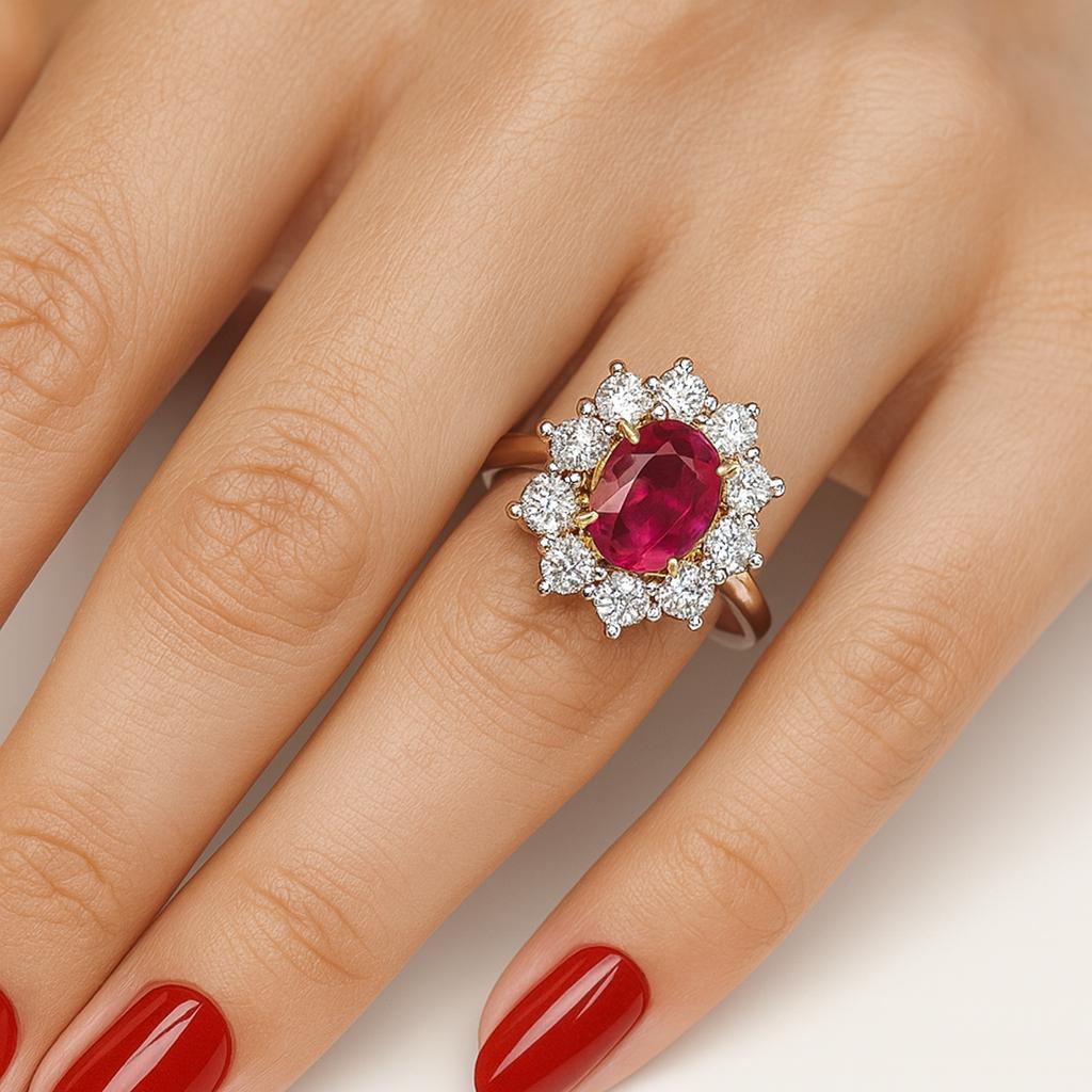 Anello da cocktail in oro 18K con rubino ovale non riscaldato birmano certificato GRS da 4,21 carati in vendita 1