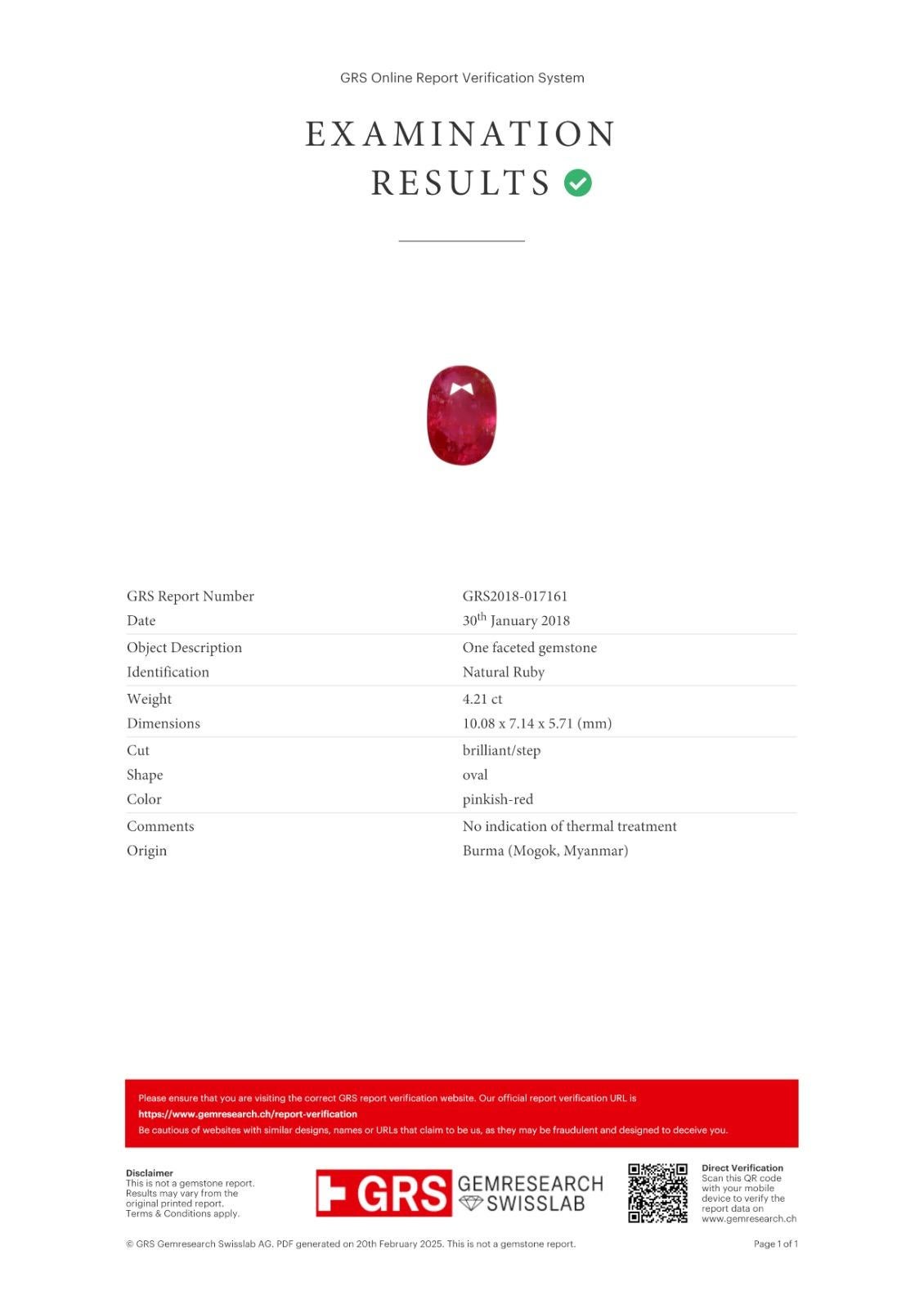Oval Cut GRS Certified 4.21 Carat Burmese Ruby Certified Untreated Diamond Ring For Sale