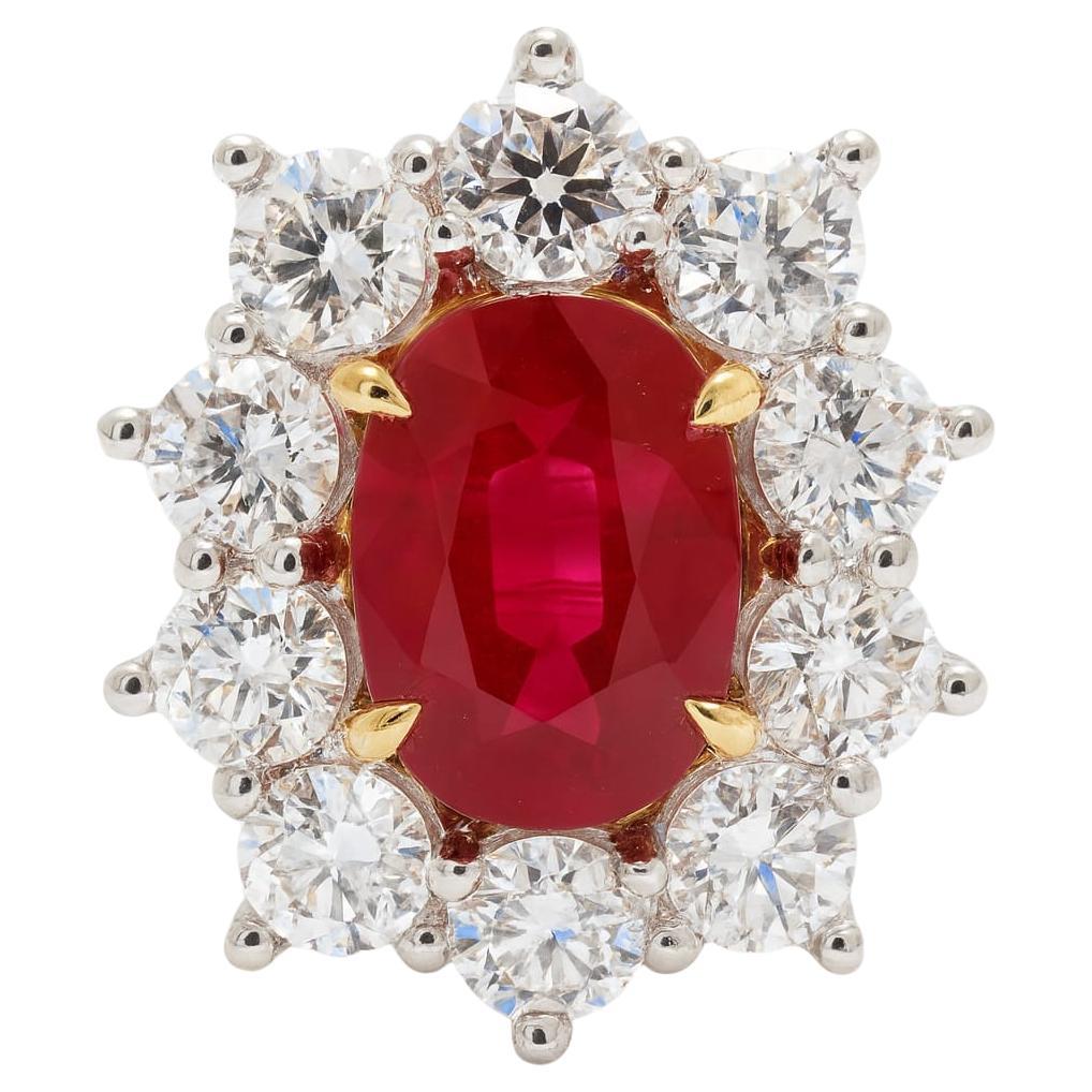 Anello di diamanti non trattati con rubino birmano certificato GRS da 4,21 carati