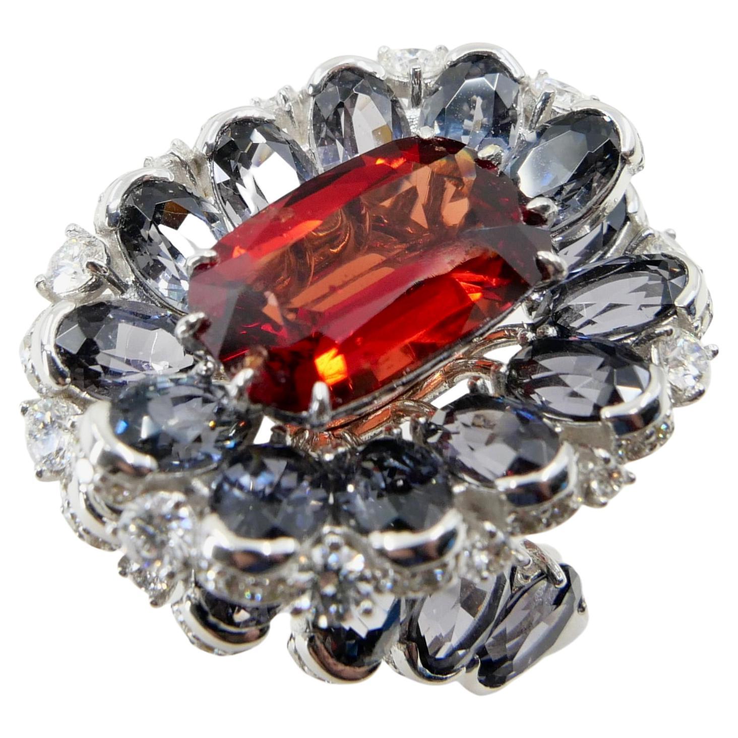 GRS Certified 4.30 Carat Reddish Orange & Grey Spinel Diamond Cocktail Ring