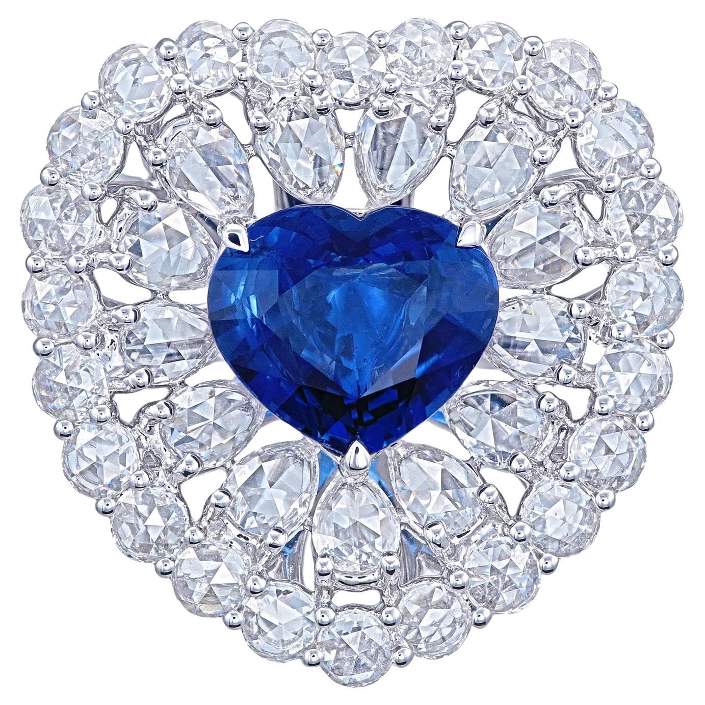 GRS Certified 4.32 Carat Vivid Blue Ceylon Sapphire & Rose Cut Diamond Ring