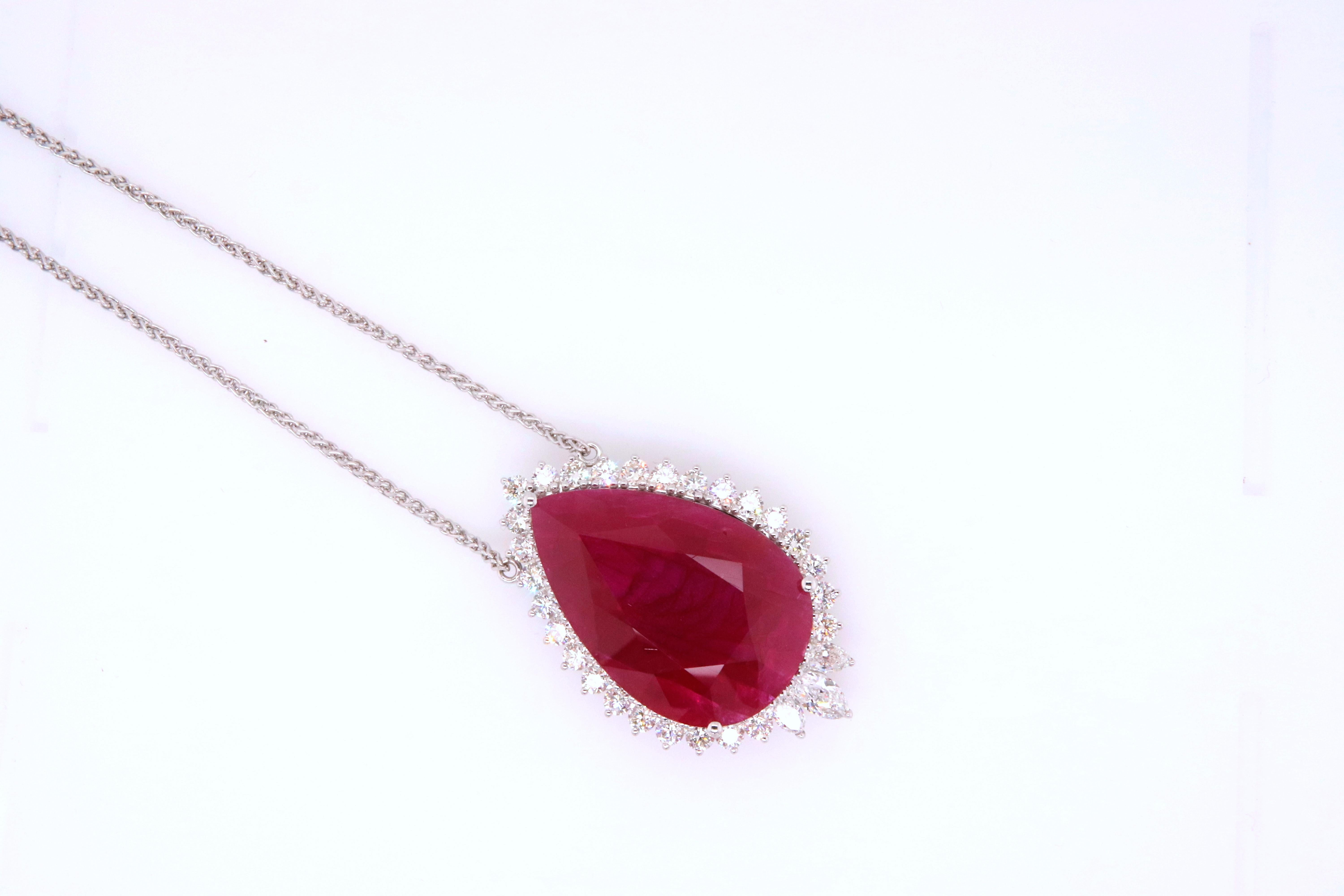 Contemporary GRS Certified 43.29 Ct Pear Shaped Mozambique Ruby and Diamond Necklace 18K Gold