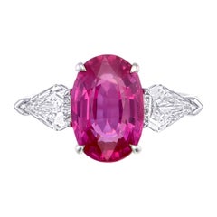 GRS Certified 4.38 Carat Pinkish Red Ruby & Diamond Three Stone Ring
