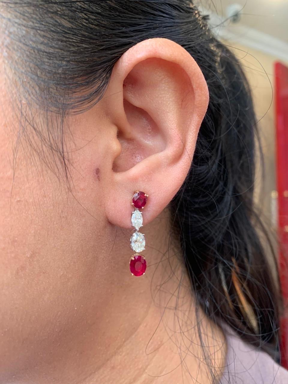 Boucles d'oreilles certifiées GRS de 4.41 carats de rubis et diamants de sang de pigeon de Birmanie en 18K WG Pour femmes en vente