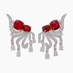 GRS Certified 4.45 Carat Burma Pigeon Blood No Heat Ruby Diamond Earrings in 18K