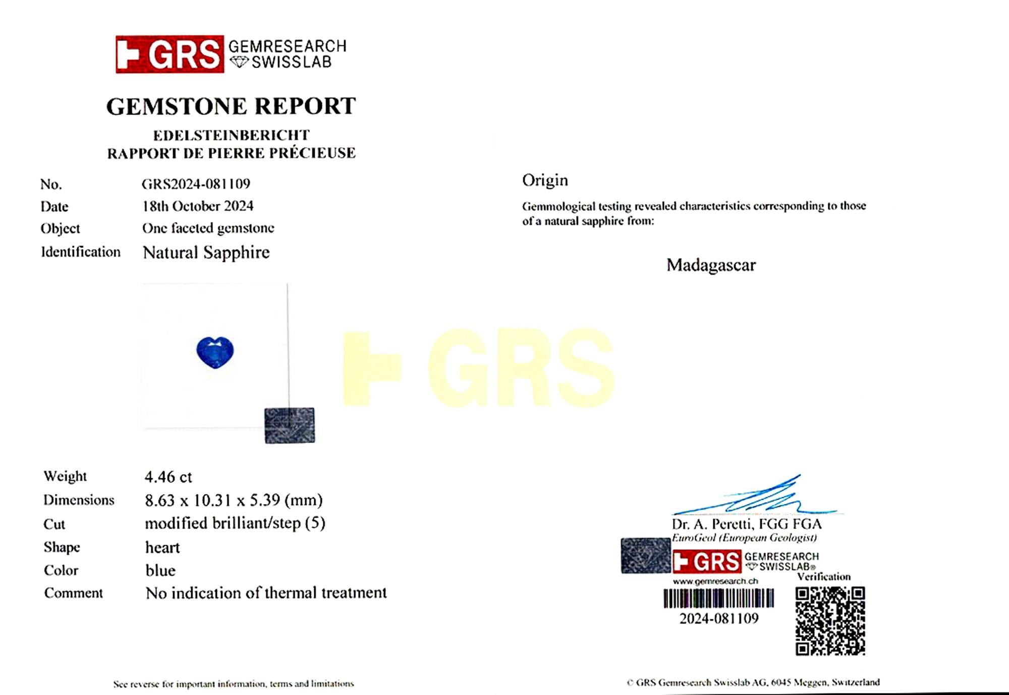 Heart Cut GRS Certified 4.46 Ct. Heart Shape Blue Sapphire Untreated Pendant Necklace For Sale