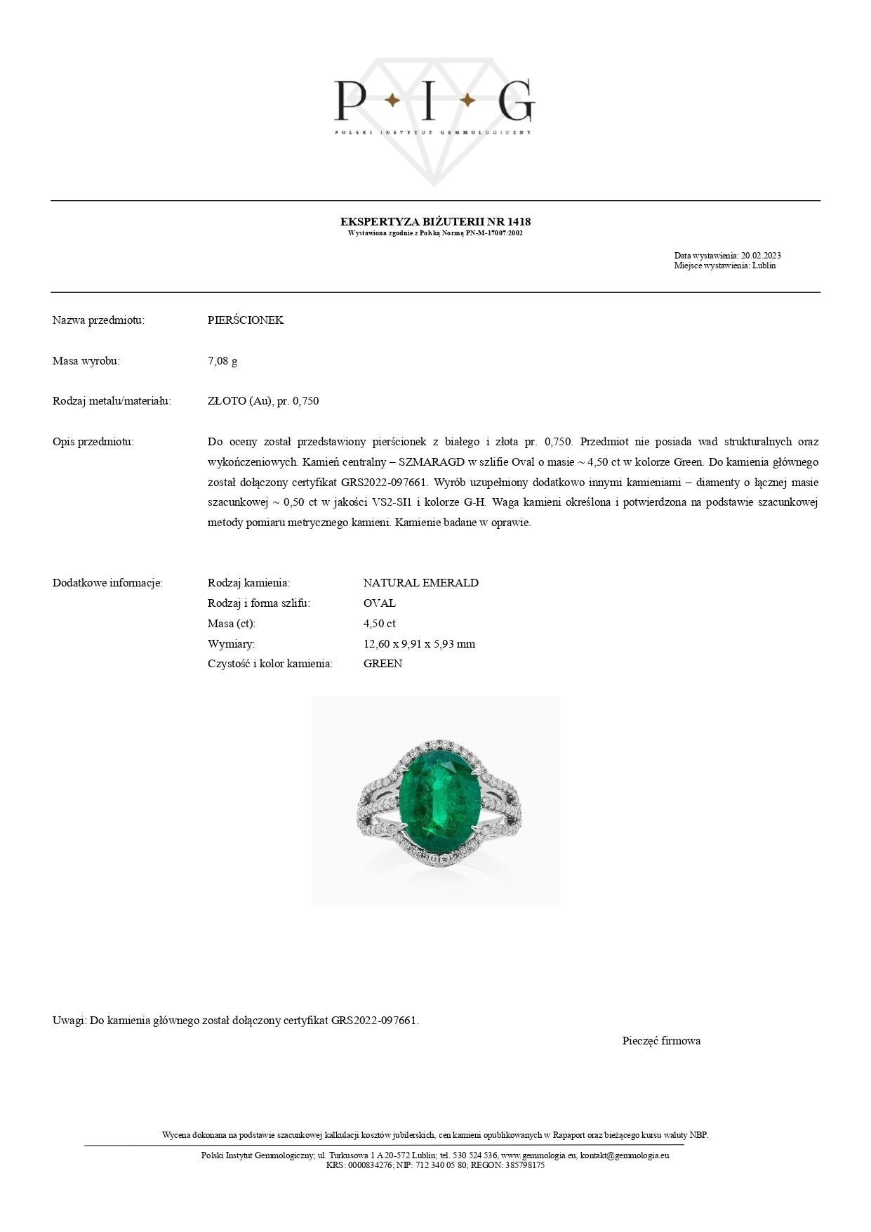 Bague en or blanc 18 carats certifiée GRS avec émeraude de 4,50 carats et diamant de 0,50 carat Pour femmes en vente