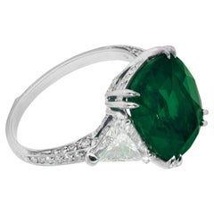 AGL Certified 4.40 Cushion GREEN Emerald Minor Oil Diamond Platinum Ring