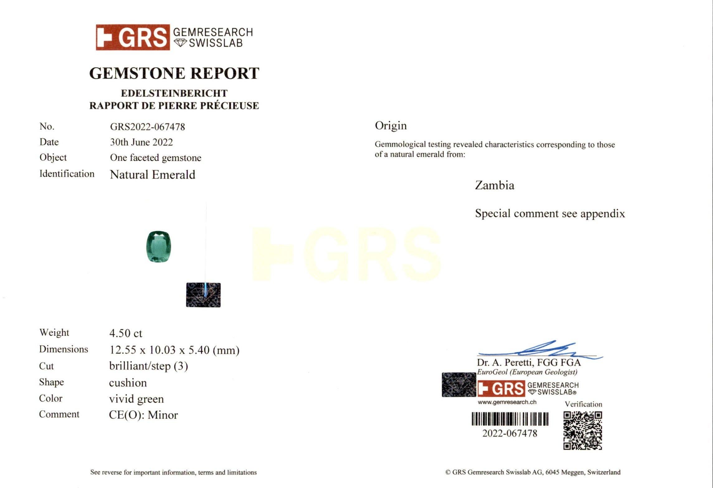GRS Certified 4.50 Cushion VIVID GREEN Emerald Diamond Platinum Ring (Kissenschliff) im Angebot