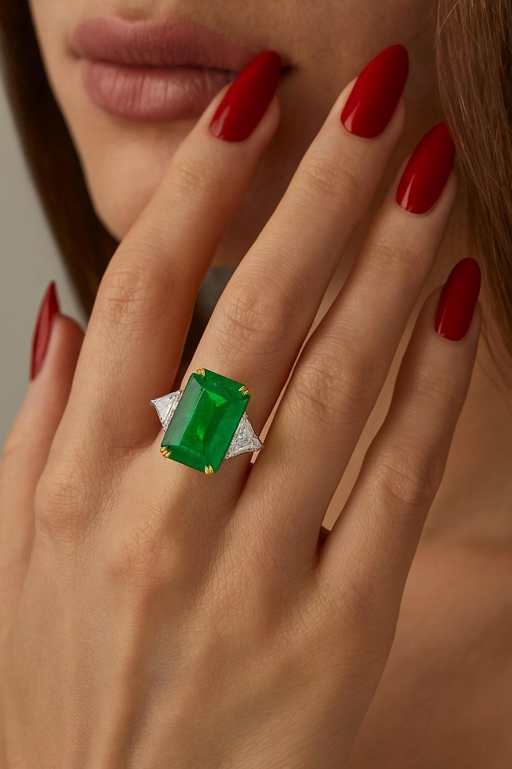 GRS-zertifiziert 4.52 Karat kolumbianischen Smaragd und Trillion Cut Diamond Ring im Zustand „Neu“ im Angebot in Chicago, IL