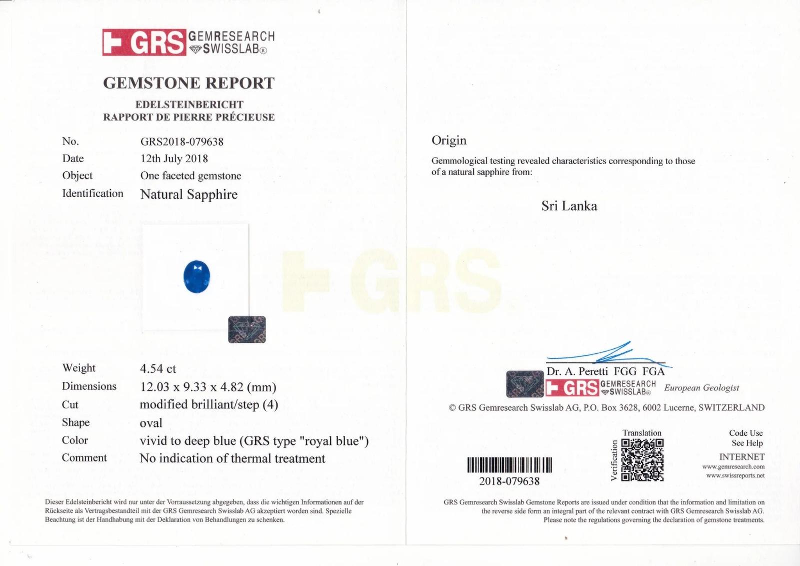 Taille ovale Bague en saphir bleu ovale certifié GRS de 4,54 carats, sans chaleur en vente