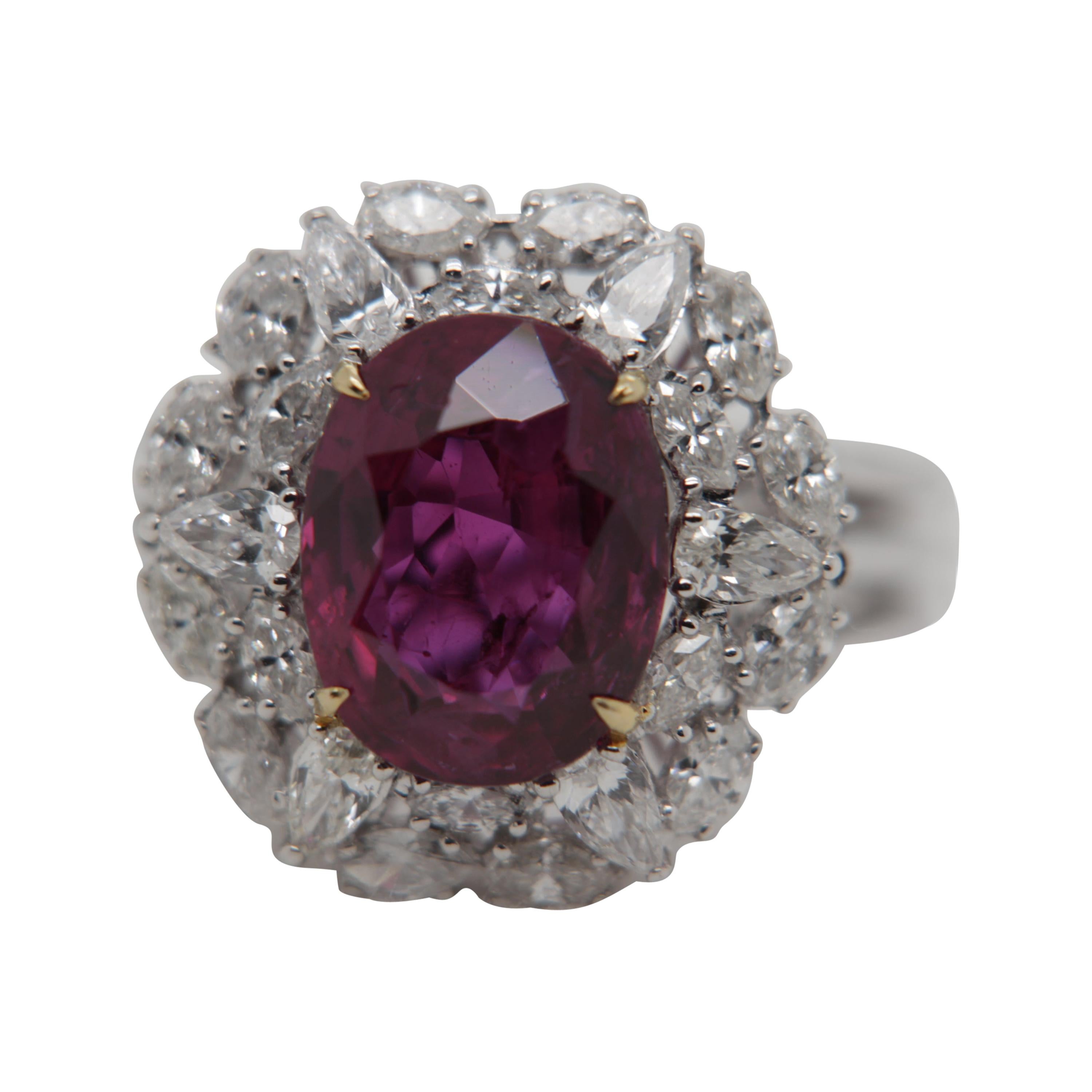 GRS Certified 4.61 Carat Thai Ruby No Heat and Diamond Ring in 18 Karat Gold