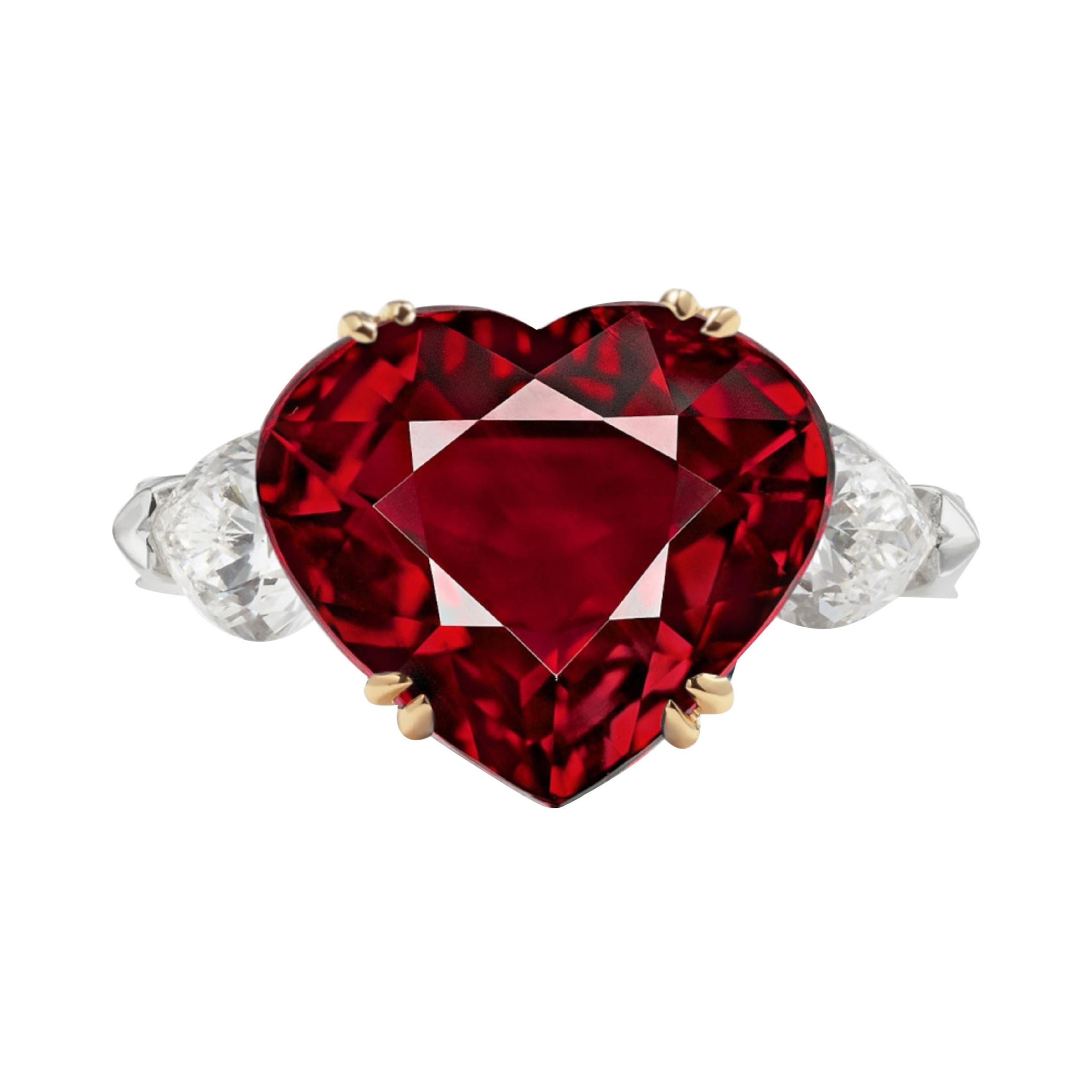 GRS Certified 4.66 Carat No Heat Mozambique Vivid Red Heart Ruby Diamond Ring For Sale