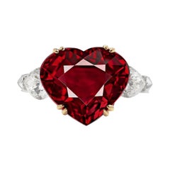 GRS Certified 4.66 Carat No Heat Mozambique Vivid Red Heart Ruby Diamond Ring