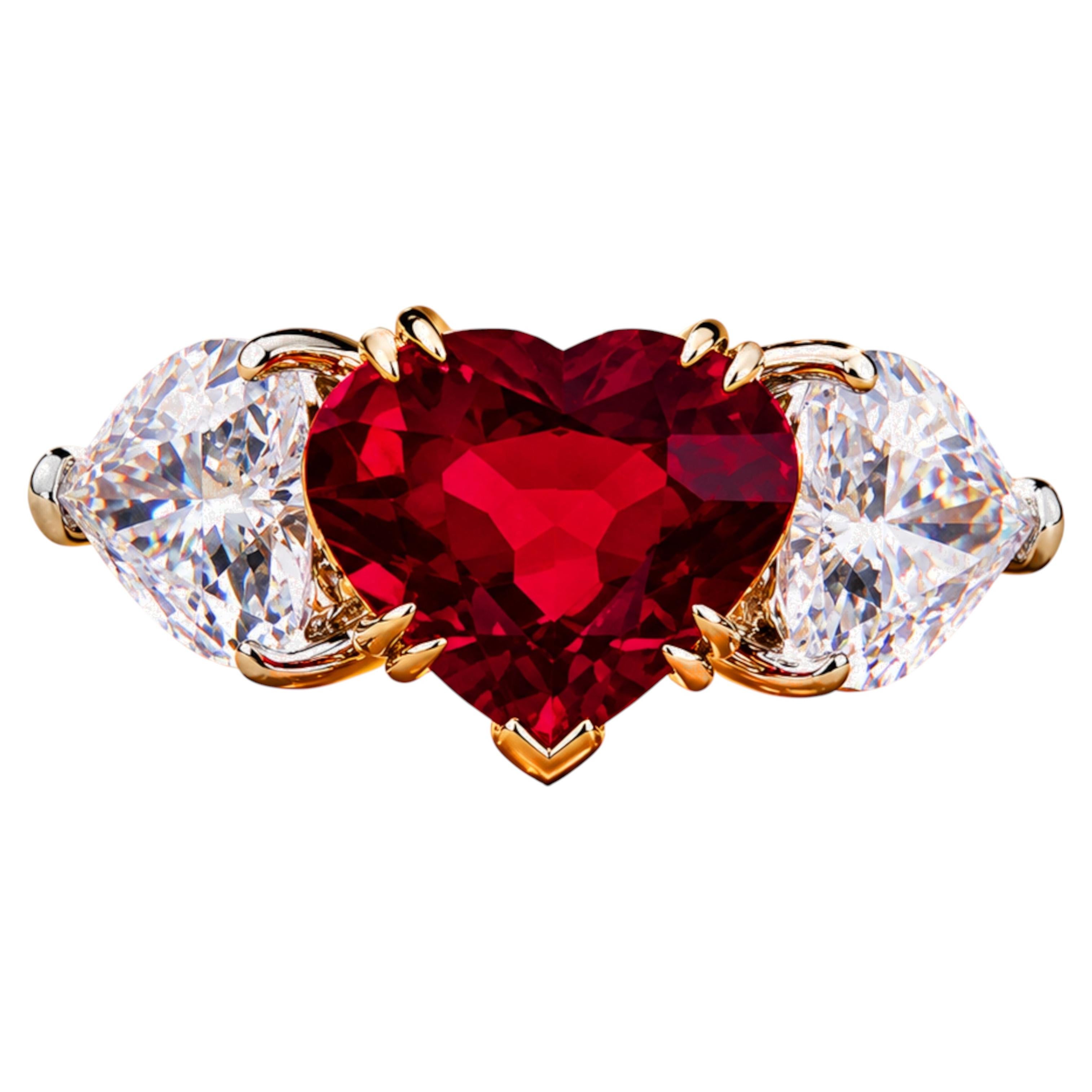 GRS-Certified 4.66 Carat Unheated Mozambique Heart-Shaped Ruby Diamond Ring For Sale