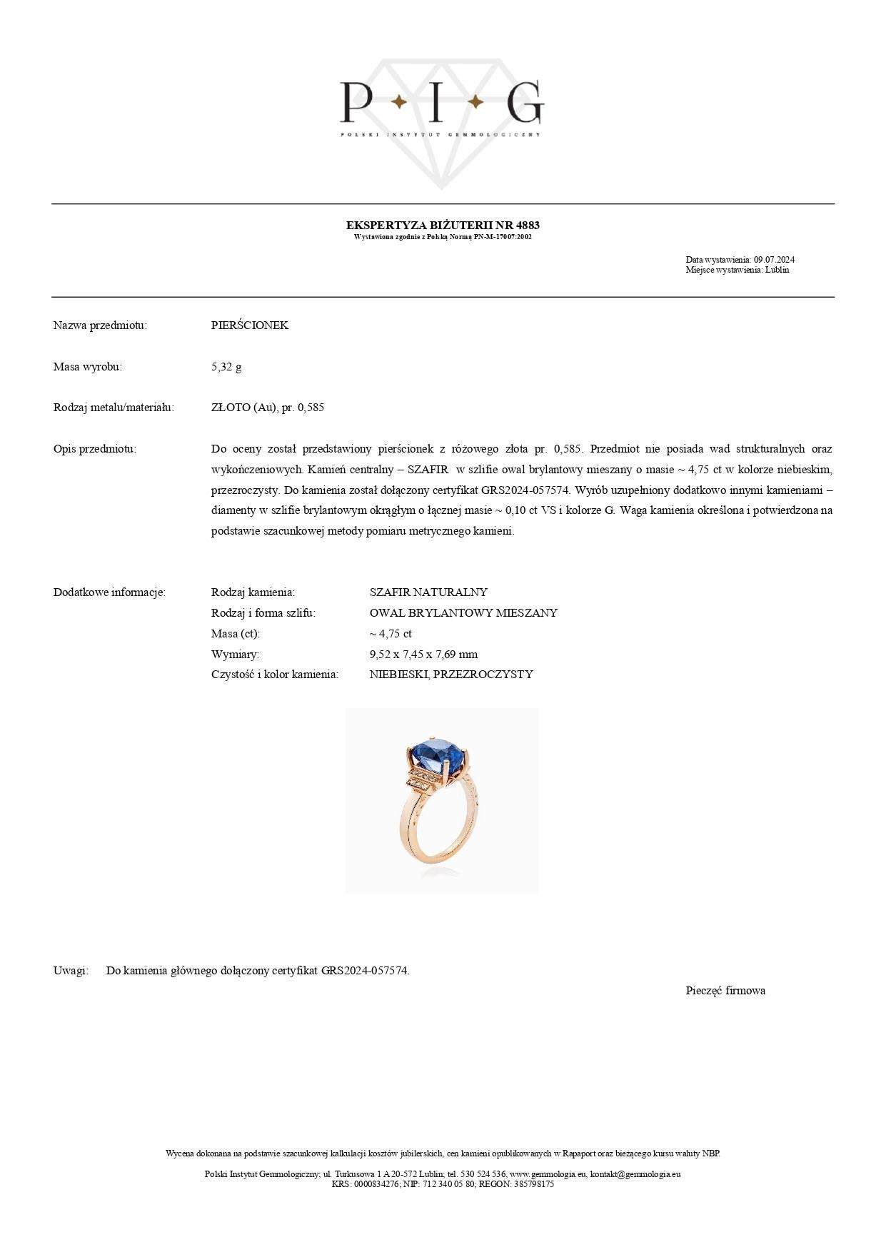 Bague en or rose 14 carats certifiée GRS avec saphir bleu de 4,75 carats et diamant de 0,10 carat Pour femmes en vente