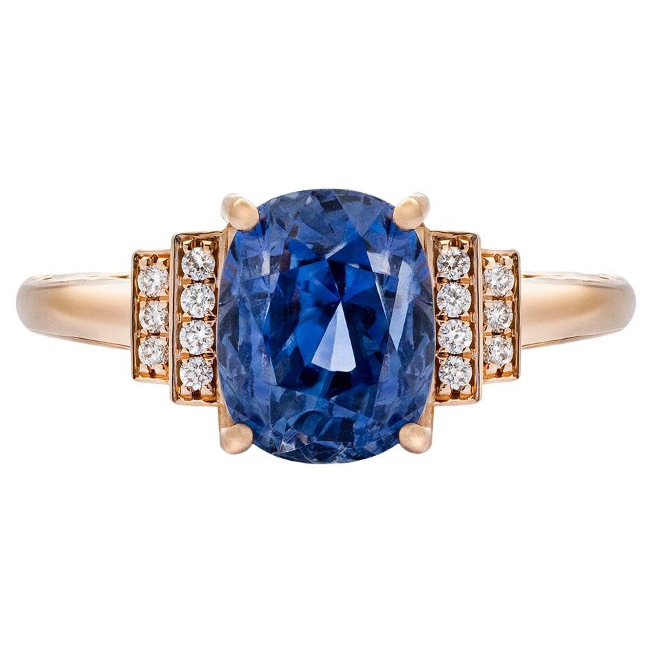 Bague en or rose 14 carats certifiée GRS avec saphir bleu de 4,75 carats et diamant de 0,10 carat en vente