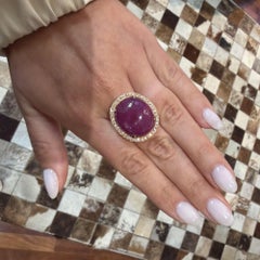 GRS Certified 48 Carat Star Ruby Cabochon & Diamond in 18K Rose Gold Halo Ring