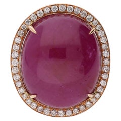 GRS Certified 48 Carat Star Ruby Cabochon & Diamond in 18K Rose Gold Halo Ring