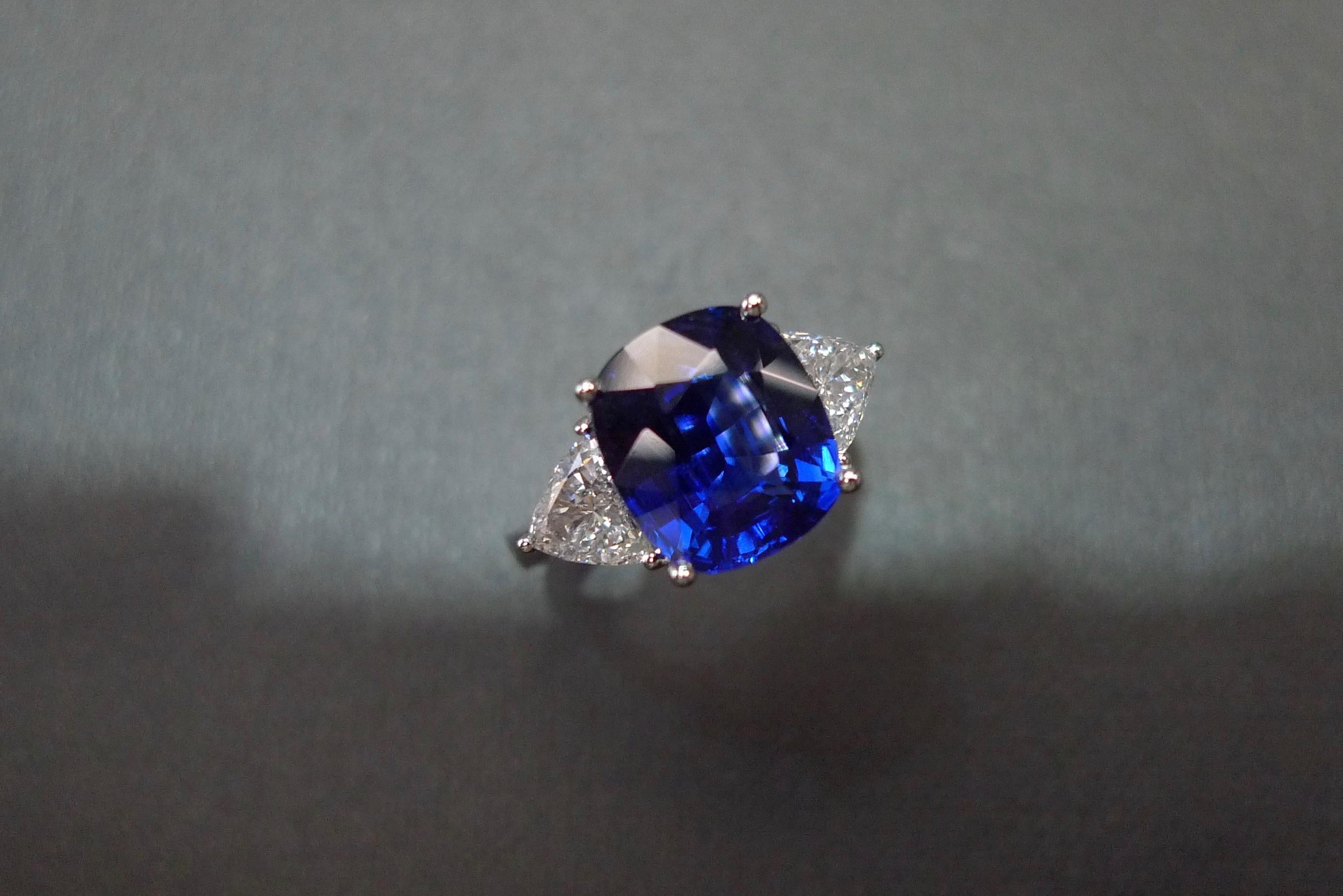 For Sale:  GRS Certified 4.82ct Cushion Cut Blue Sapphire and Triangle Cut Diamond Ring 7