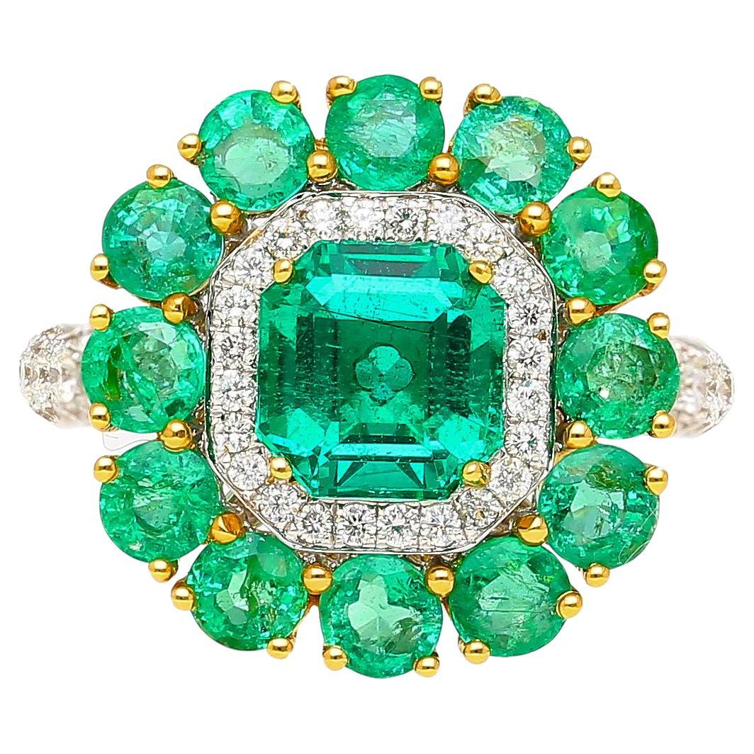 GRS Certified 4.93 Carat Emerald & Diamond 18K Gold Floral Cluster Cocktail Ring