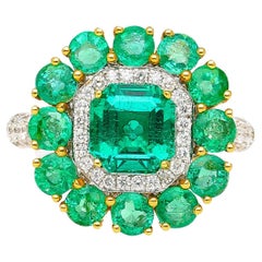 GRS Certified 4.93 Carat Emerald & Diamond 18K Gold Floral Cluster Cocktail Ring