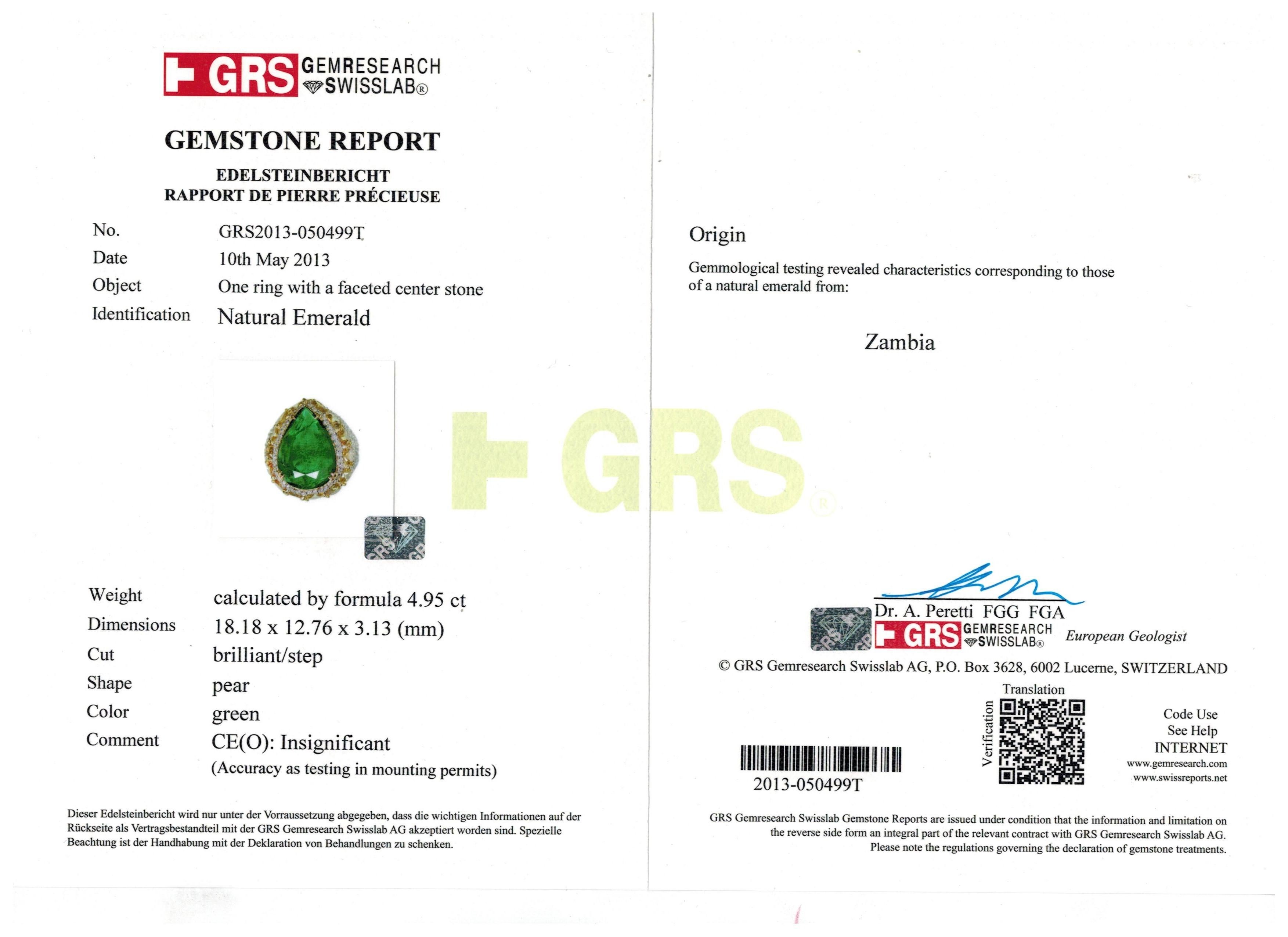 GRS Certified 4.95 Carat Zambian Emerald & Fancy Diamond Ring In New Condition For Sale In Bangkok, Bangkok