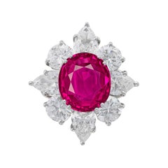 GRS Certified 3.80 Carat Burma Oval Ruby Pear and Round Diamond Cocktail Ring