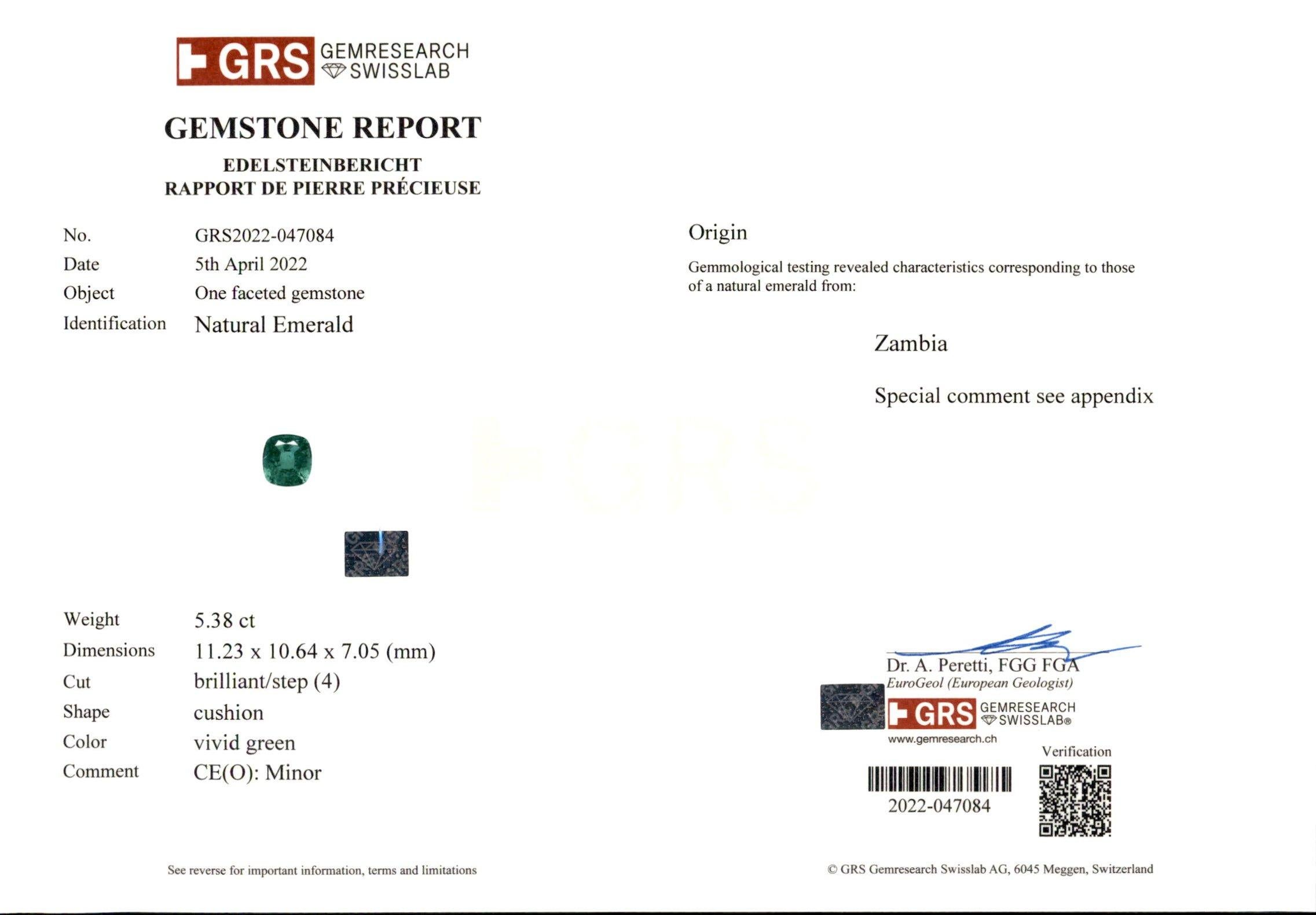 Bague solitaire MINOR OIL diamant taille coussin vert émeraude certifiée GRS de 5 carats Neuf - En vente à Rome, IT