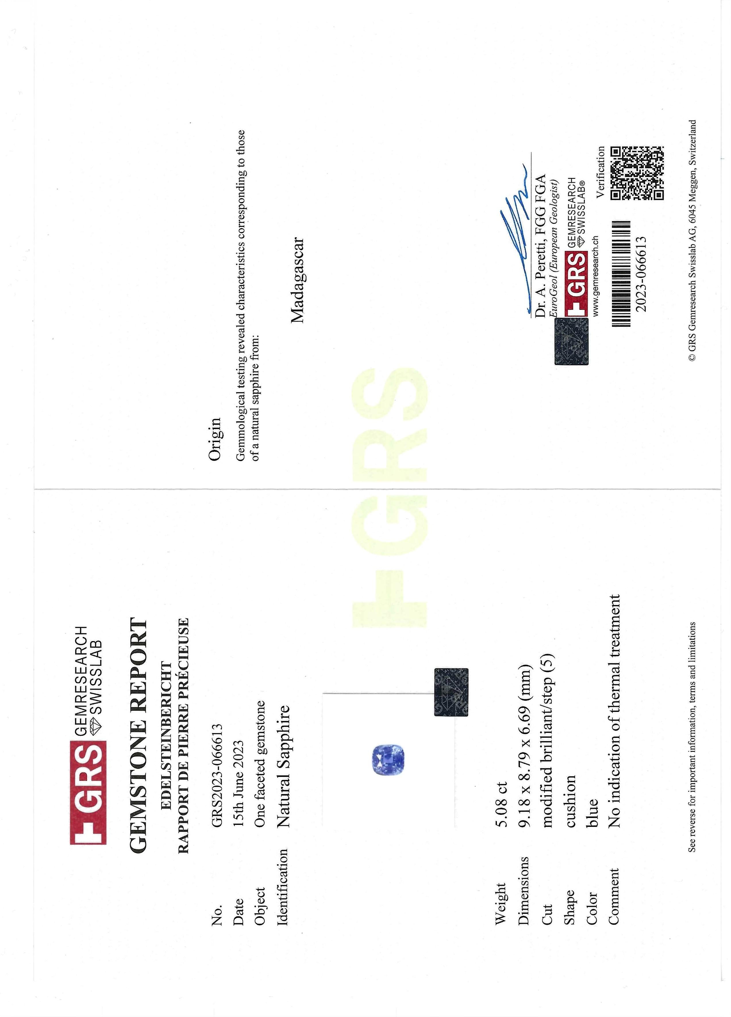 C.Dunaigre 6 Karat CEYLON NO HEAT Blauer Saphir Ring (Kissenschliff) im Angebot