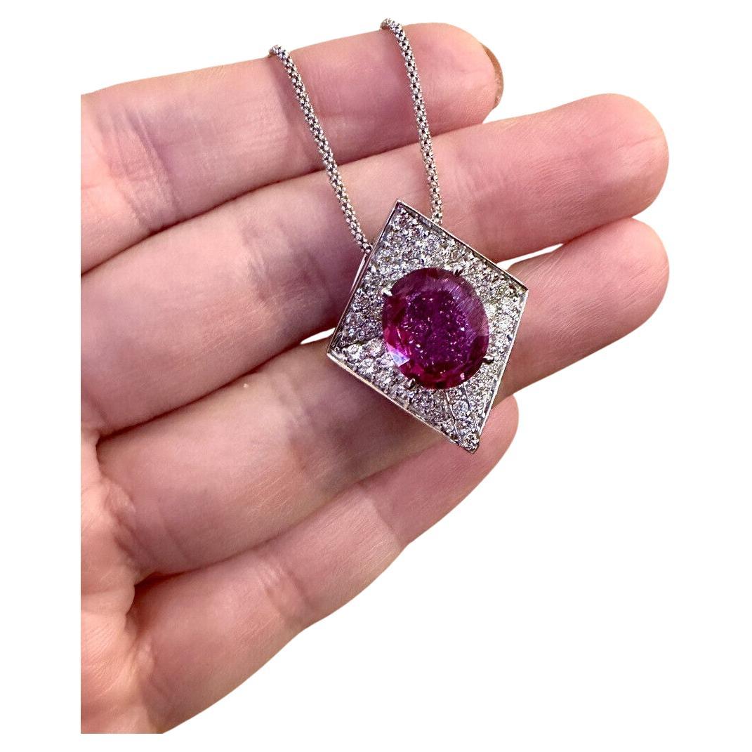 GRS Certified 5 carat Ruby Pendant Necklace with Diamonds in 18k White Gold For Sale