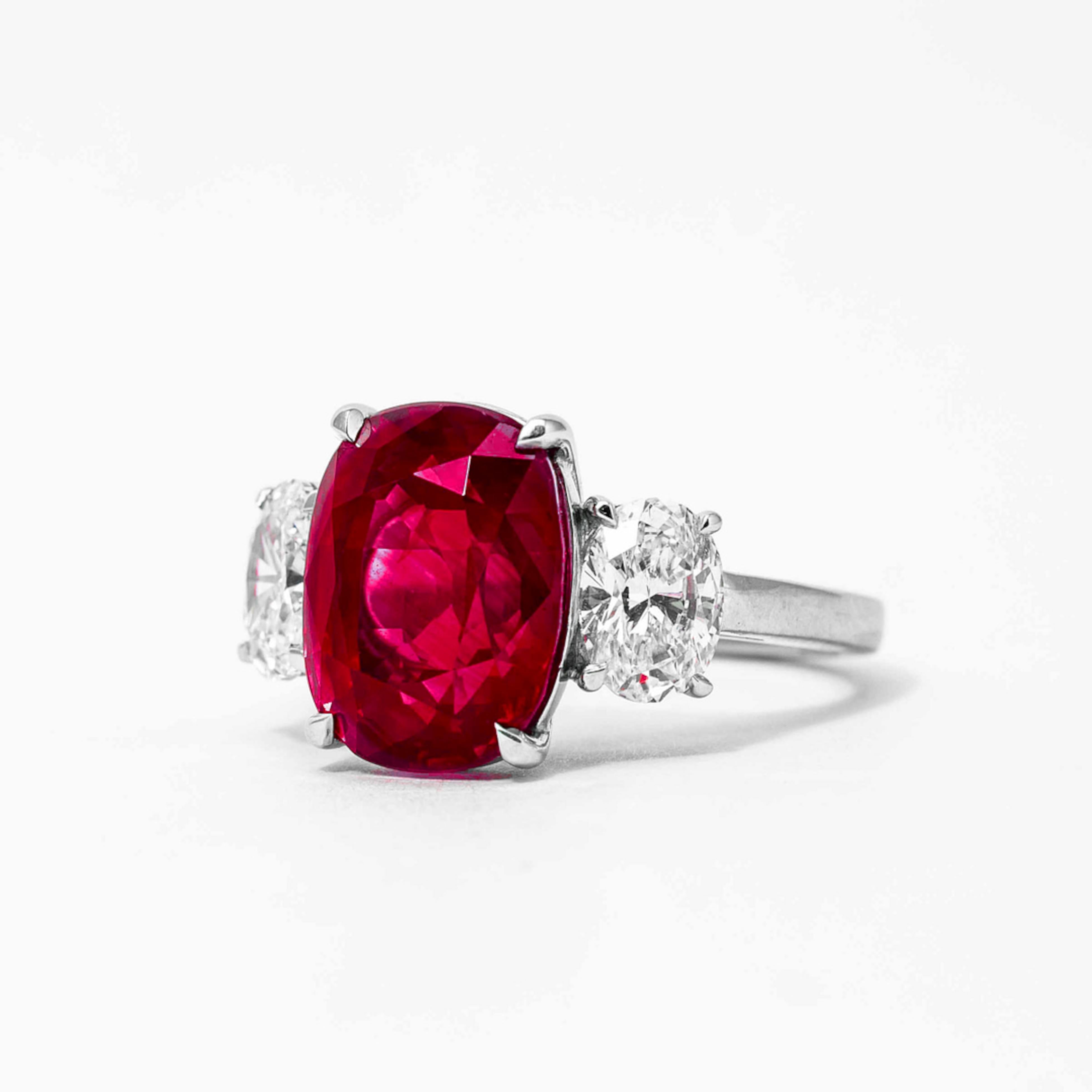 Emerald Cut GRS Certified 5 Carat Untreated RED SPINEL 18K White Gold Diamond Ring For Sale
