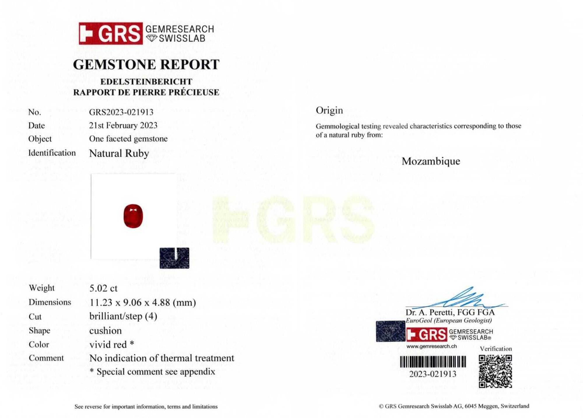 Certificado GRS 5 ct. Mozambique Rubí VIVID Collar de diamantes rojos Corte cojín en venta
