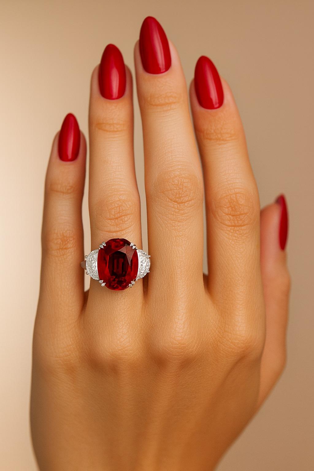 Taille ovale Bague certifiée GRS de 5,00 carats de rubis et de diamants d'un rouge vif à profond  PAS DE CHALEUR en vente