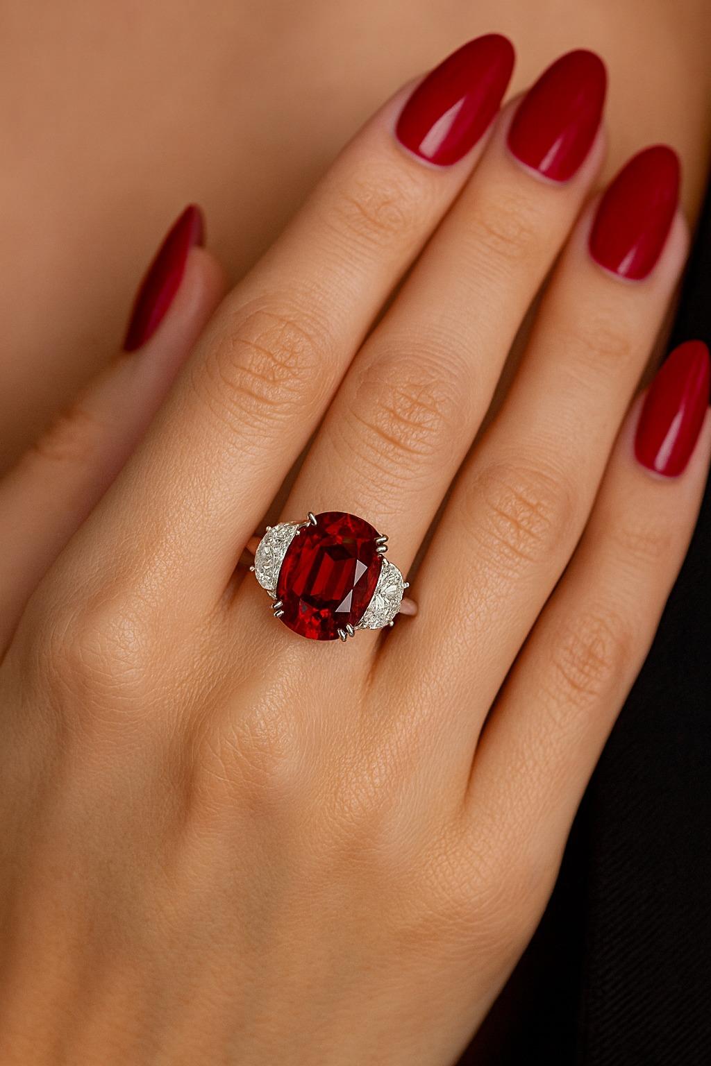 Bague certifiée GRS de 5,00 carats de rubis et de diamants d'un rouge vif à profond  PAS DE CHALEUR Neuf - En vente à Chicago, IL