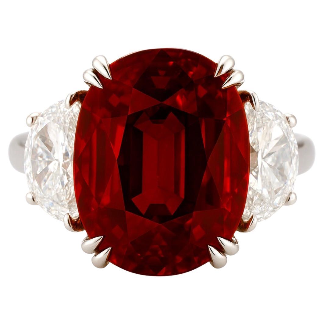 Bague certifiée GRS de 5,00 carats de rubis et de diamants d'un rouge vif à profond  PAS DE CHALEUR