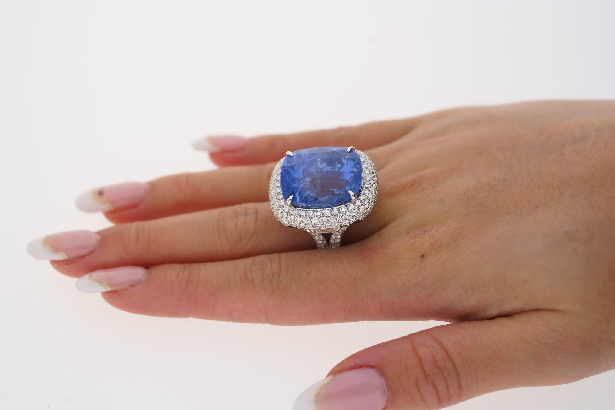 GRS Certified 50.11 Carat Cushion No Heat Sri Lanka Blue Sapphire Ring In New Condition For Sale In Miami, FL