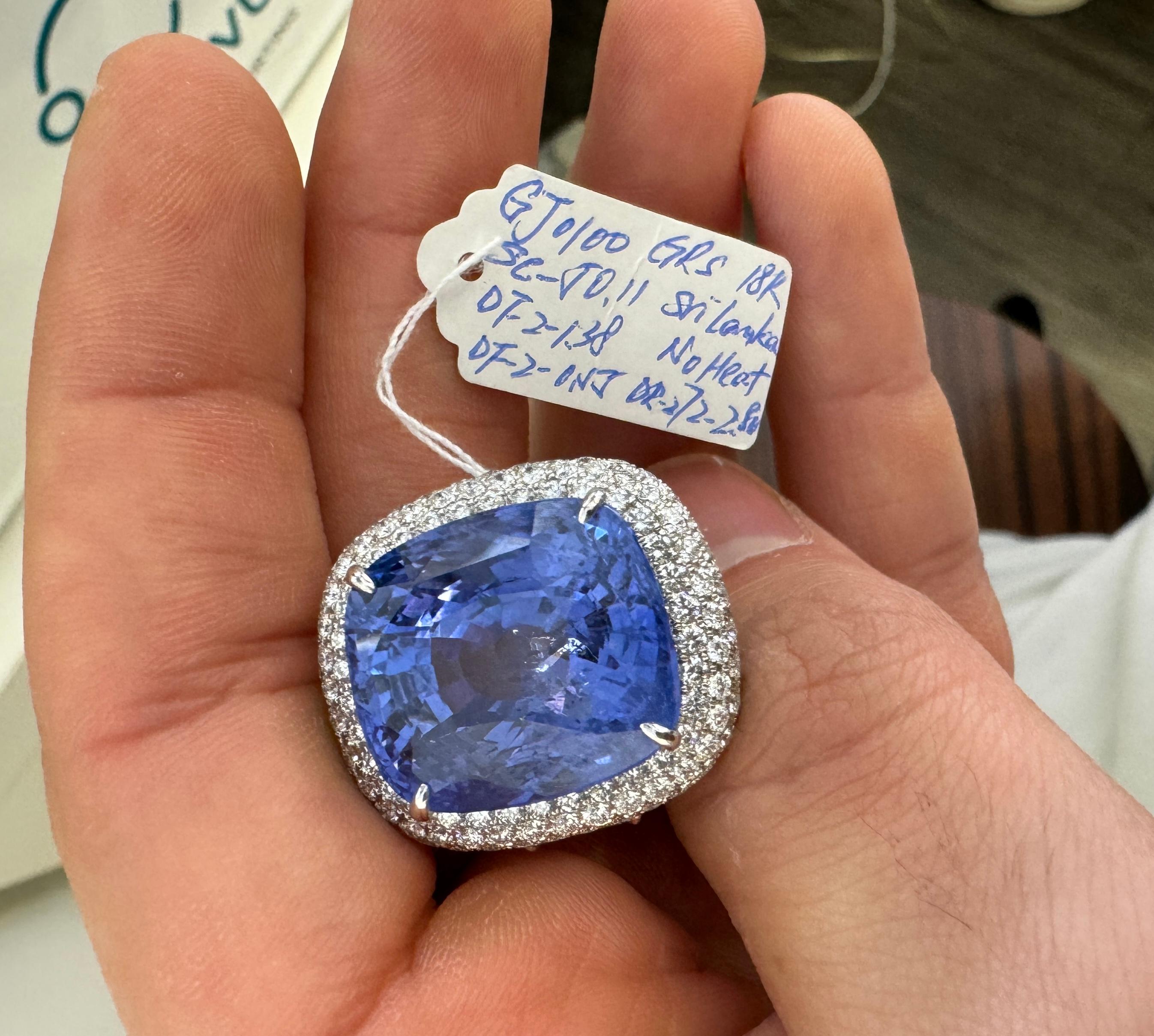 GRS Certified 50.11 Carat Cushion No Heat Sri Lanka Blue Sapphire Ring en vente 3