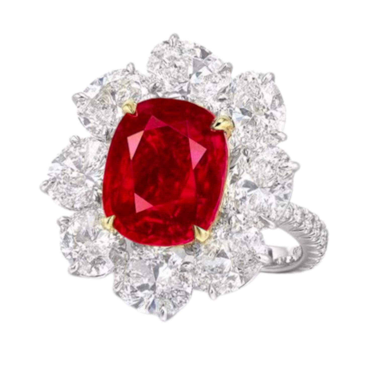 GRS Certified 5.02 Carat Pigeon Blood Vivid Red Natural Ruby Platinum Ring In New Condition For Sale In Chicago, IL