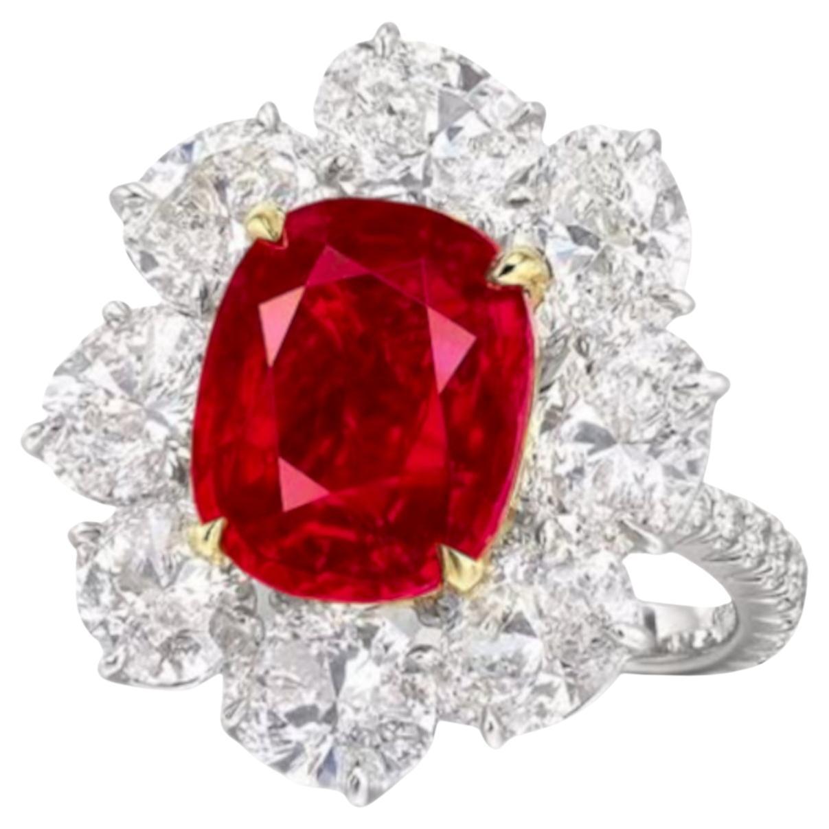 GRS Certified 5.02 Carat Pigeon Blood Vivid Red Natural Ruby Platinum Ring