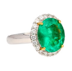 GRS Certified 5.03 Carat Oval Cut Colombian Minor Oil Emerald with Diamonds Ring