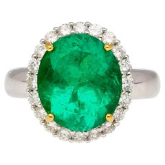 GRS Certified 5.03 Carat Oval Cut Colombian Minor Oil Emerald with Diamonds Ring