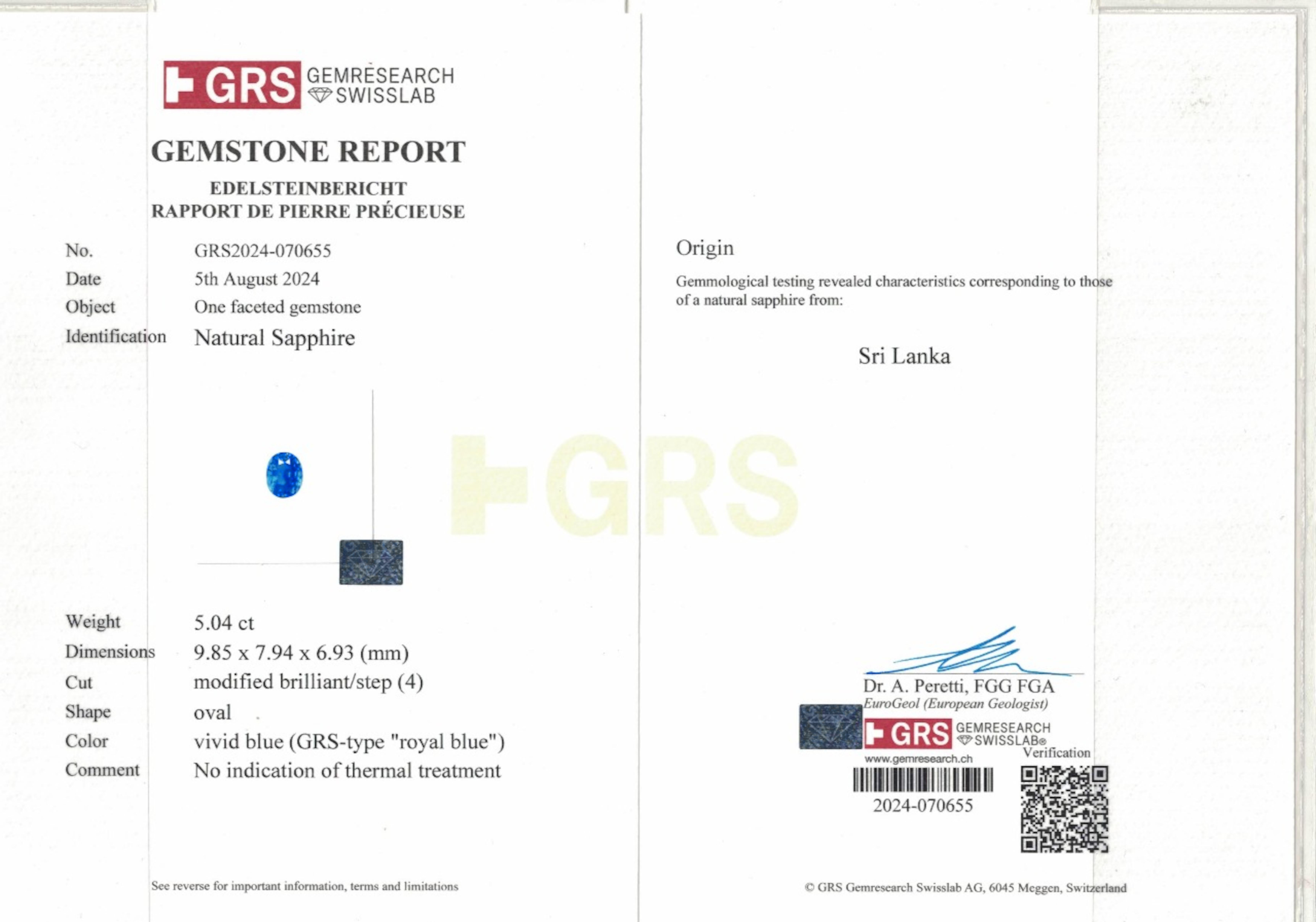 Oval Cut GRS Certified 5.04 Carat Royal Blue NO HEAT Sapphire and Diamond Platinum Ring For Sale