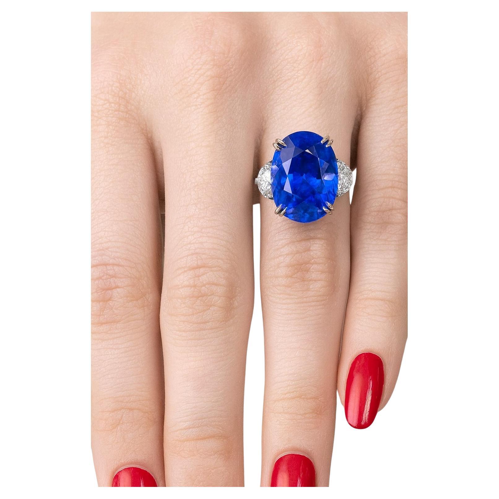 GRS Certified 5.04 Carat Royal Blue NO HEAT Sapphire and Diamond Platinum Ring For Sale