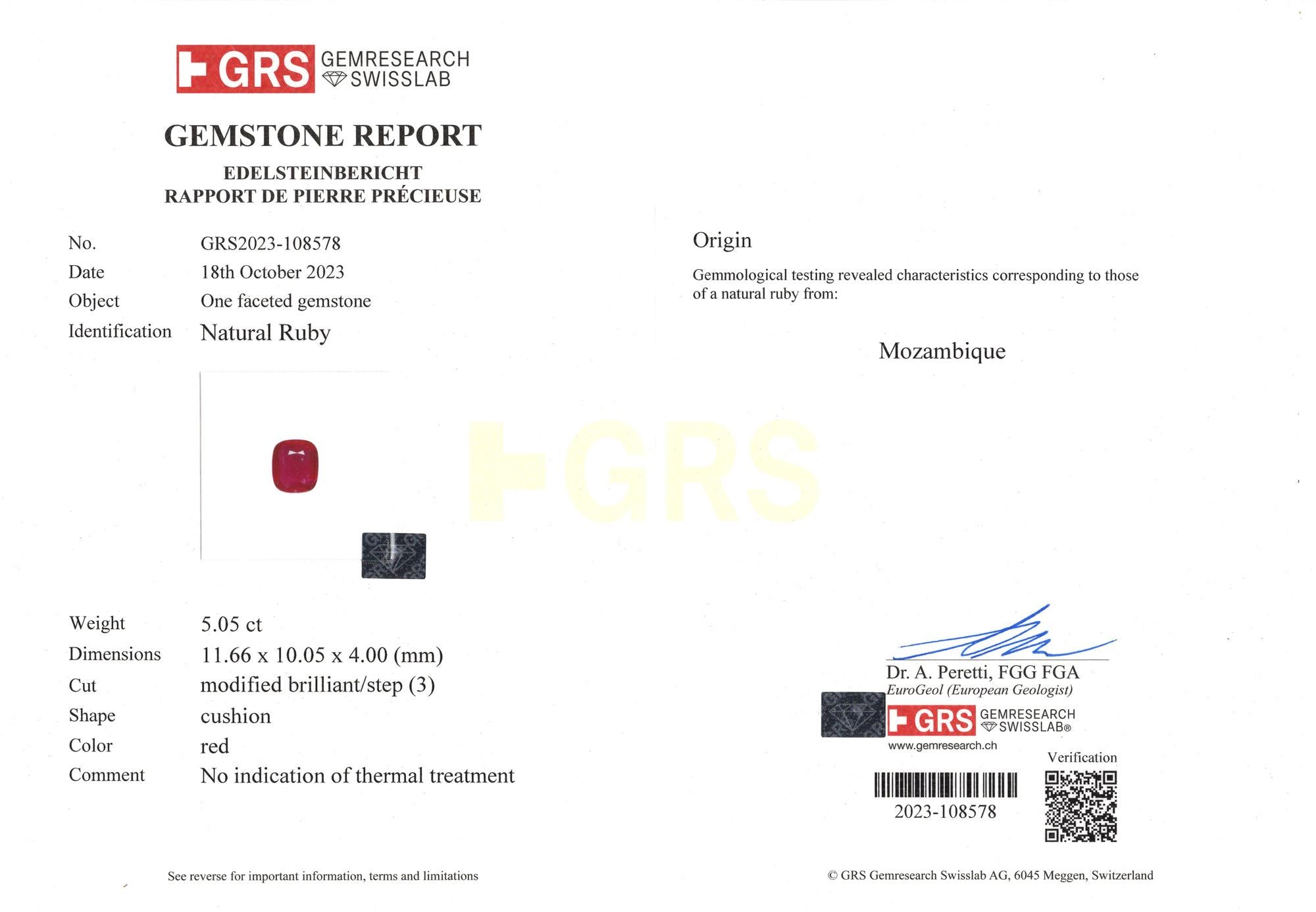 Bague en platine certifiée GRS de 5,05 carats de rubis mozambicain non chauffé et de diamants Neuf - En vente à Chicago, IL