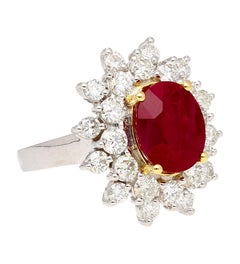 GRS Certified 5.09 Carat Oval Burma Ruby & Diamond Halo Cluster Ring