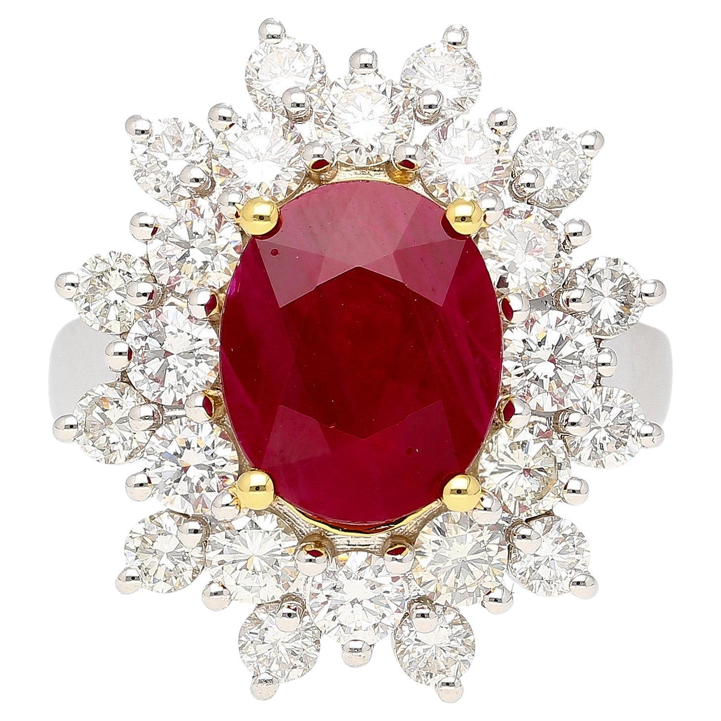 GRS Certified 5.09 Carat Oval Burma Ruby & Diamond Halo Cluster Ring