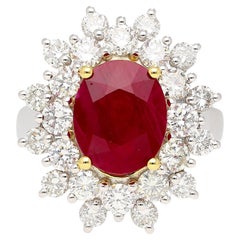 GRS Certified 5.09 Carat Oval Burma Ruby & Diamond Halo Cluster Ring