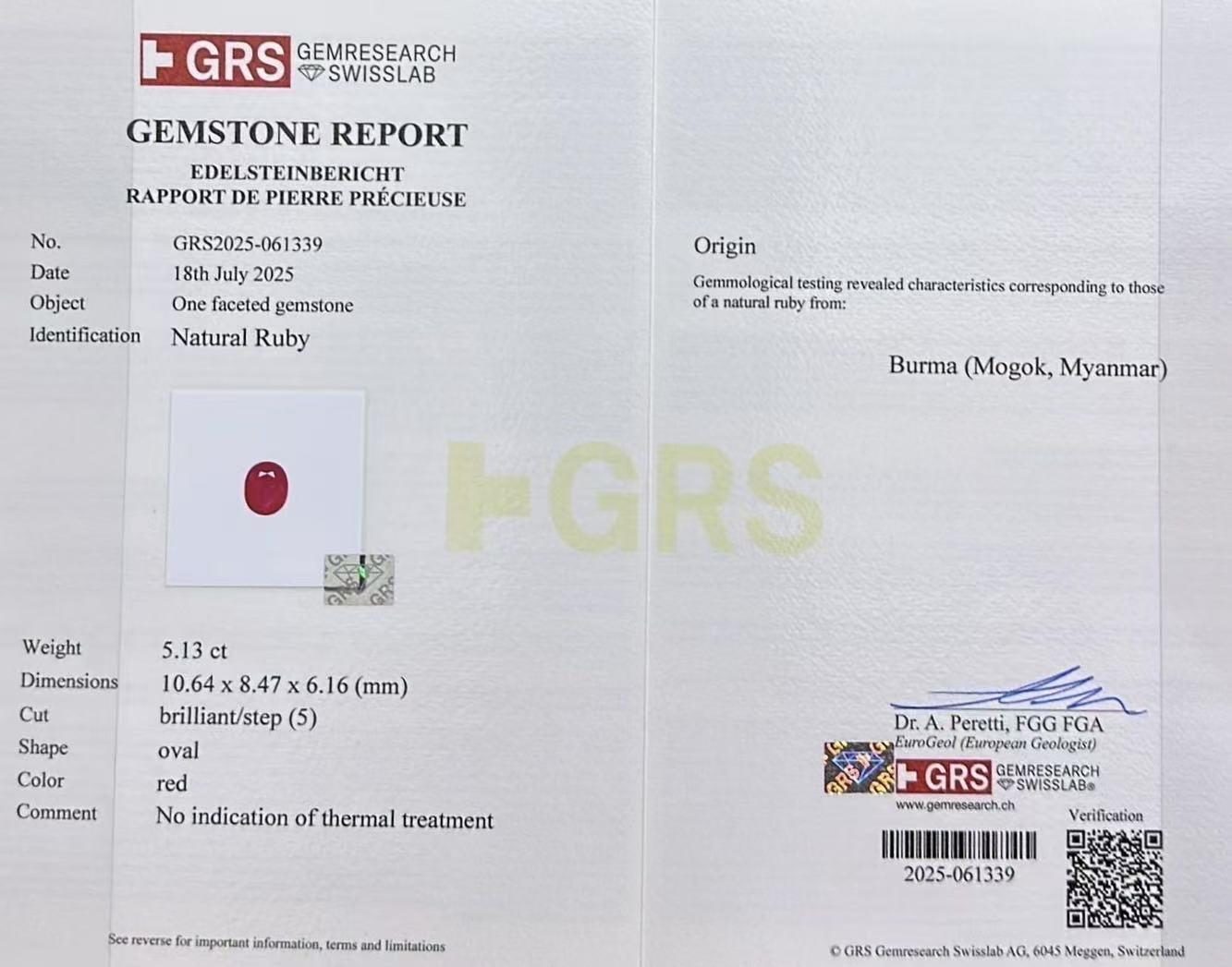 Taglio ovale Anello di rubino certificato GRS da 5,13 carati MOGOK NO HEAT, occhio pulito in vendita