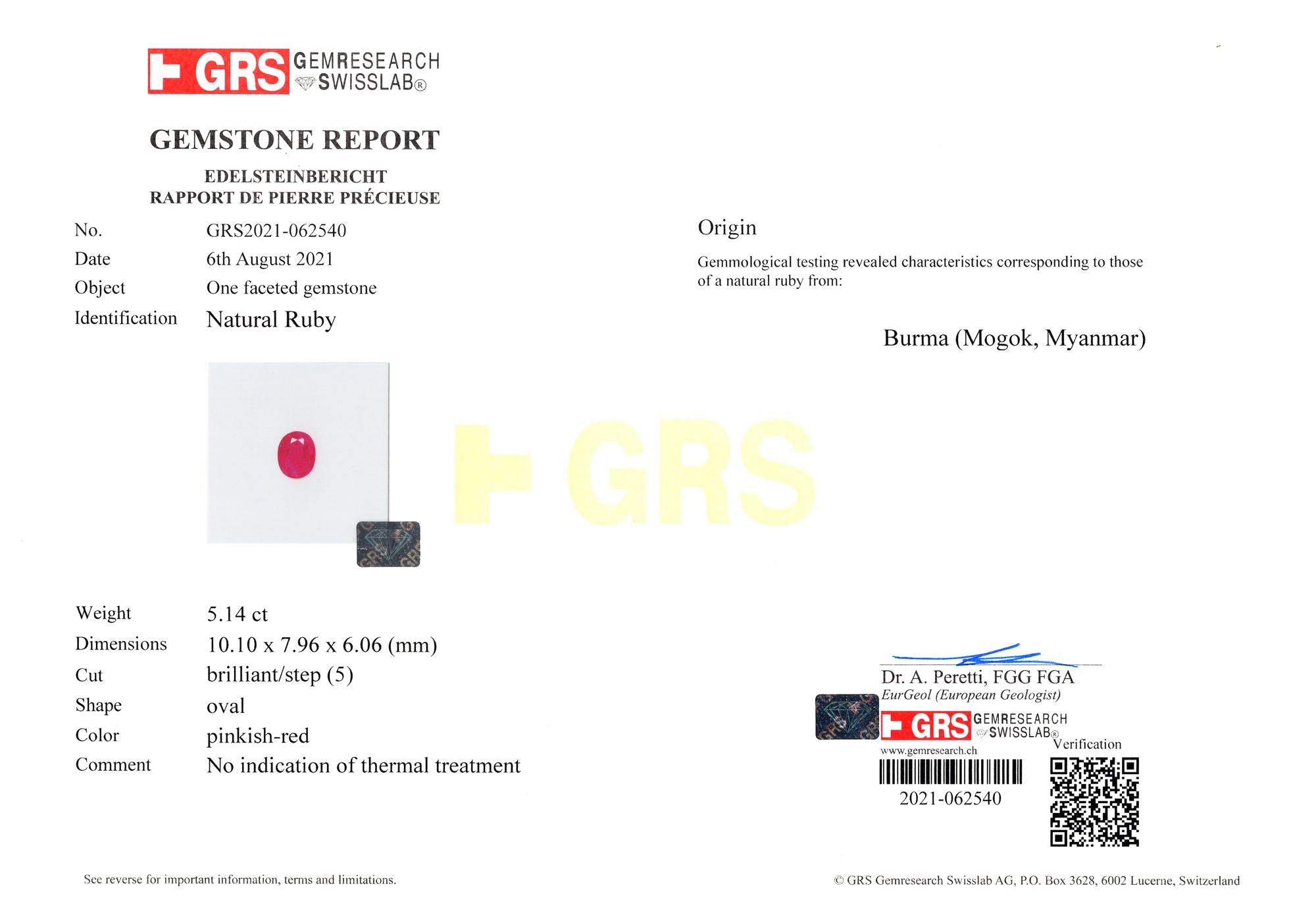 GRS-zertifizierter Diamantring mit 5.14 Karat natürlichem, unbehandeltem, unbehandeltem rotem Rubin (Ovalschliff) im Angebot